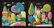 © ssstocker - Crayon city landscape. Park garden child chalkboard drawing, home house autumn trees green bushes school kids color crayons hand drawn tawn background isolated vector illustration