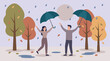 © Tahphoto - Happy couple with umbrellas embracing autumn rain and colorful leaves