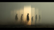 © Anton Popov - Surreal conceptual scene of an individual walking ahead of fading generational silhouettes, symbolizing personal evolution, breaking cycles, identity, independence, legacy, transformation, and forging