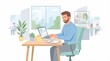 © roslan - Flat vector illustration  of a young adult man working in an office, sitting at a desk with laptop.