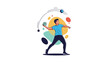 © Liza - Athletic man in a blue t-shirt throws a ball in a dynamic pose with colorful abstract circles and shapes in the background area.