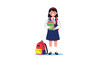 © Zia - Smiling schoolgirl in a navy blue uniform stands with a stack of books while a red backpack rests on the floor.