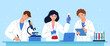 © Alina Mosinyan - Group of scientists working together in laboratory. Professional researchers using microscope, laptop and clipboard while conducting chemistry experiments. Teamwork in science and medical research.