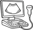 © MRSTOCK LAB - Medical ultrasound machine with probe and display showing internal body scan black outline vector illustration.
