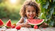 © Olga - Happy little girl eating juicy watermelon slices outdoors in summer garden. Smiling child enjoying fresh fruit, healthy snack and sunny day, bright lifestyle scene with natural light and cheerful mood