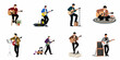 © Nadya - Collection of flat vector illustrations featuring diverse male musicians playing acoustic and electric guitars in various creative settings and poses.