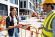© Patrick - Young woman talking to construction worker at urban building site barrier, city development discussion and safety communication outdoors
