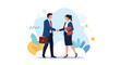 © ChantalChmielewska - Businessman and businesswoman in formal attire share a handshake in front of abstract backgrounds, signifying a solid partnership or deal.