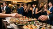 © Svitlana - Buffet appetizers being picked up by guests at a corporate celebration, high-detail food textures in shallow focus with soft golden lighting, upscale event atmosphere, ultra-realistic, no logos.