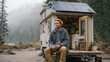 © forenna - Tiny house on wheels parked in misty Pacific Northwest forest clearing, owner in flannel shirt drinking coffee on small deck, solar panels on roof, minimalist lifestyle, tiny home movement, off-grid
