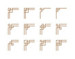 © Tuesday04 - Set of twelve traditional Korean corner frames with geometric lattice patterns. Minimalist vector illustration of oriental decorative borders for greeting cards and Asian cultural events.