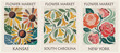 © Creative_Juice_Art - Trendy botanical Flower Market poster set with Kansas sunflower South Carolina jessamine and New York rose in modern naive groovy floral design