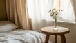 © Kura - junction. Bedroom interior corner view with simple furniture and soft natural lighting. real-estate listings, architecture portfolios, designed for real-estate listing and luxury residence showcases.