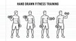 © praja - A detailed hand-drawn pen and ink style workout demonstration showcasing a sequence of dumbbell exercises performed by a muscular man with a focused expression, demonstrating fitness regime