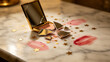 © you - exemplification. Broken makeup mirror with scattered gold star stickers and lipstick marks on marble surface. lifestyle magazines.