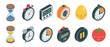 © Sophia - Isometric timer and clock icons collection featuring various timekeeping devices like hourglasses, stopwatches, and kitchen timers for measuring duration.