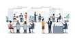 © Ohim - The image shows a busy, modern open-plan office with diverse professionals working at desks and collaborating in various group settings.