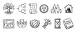 © Vladislav - Set of hand-drawn genealogy and family history icons featuring a lineage tree, ancestry chart, DNA, historical book, and portraits in a simple black and white sketch style