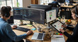 © Mosaic Mind - Dynamic Office Environment Showcasing Team Collaboration in Technology and Design with Cutting-Edge Tools and Workstation Setup for Creative Professionals
