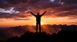 © Yuliia - Male hiker silhouette celebrating success on mountain peak at dramatic sunset with arms raised against colorful sky and mountain ranges.
