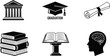 © Romana - Higher education and academic achievement solid icon set featuring university building graduation cap diploma scroll books and human brain, 19 words.