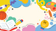 © TWINS DESIGN STUDIO - Cute colorful kids hand drawn doodle background frame design vector with open book, pencil, crayon, basketball, paint palette, brush and light bulb. Design for 4K video template, back to school.