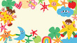 © TWINS DESIGN STUDIO - Cute colorful kids hand drawn doodle background frame design vector with smiling children, star characters, moon, cloud, butterfly, rainbow, clover and apple. Design for 4K video template, banner.