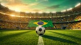 Brazilian soccer stadium with ball and flag in vibrant colors at sunset
