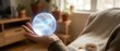 © Yuliia - Person holding glowing holographic sphere with geometric patterns in cozy home interior showcasing futuristic technology and digital innovation concepts.