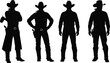 © MstLaila - Cowboy silhouettes standing poses set, western sheriff characters collection, rancher outfit illustration, country lifestyle design, black isolated vector graphic concept