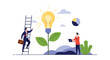 © Asif - Team of professionals work together around growing light bulb plant as man on ladder points towards idea, representing innovation and data.