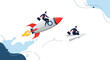 © Asif - High-speed competition as businessman on rocket races ahead of another man riding paper plane, symbolizing technological edge and speed.
