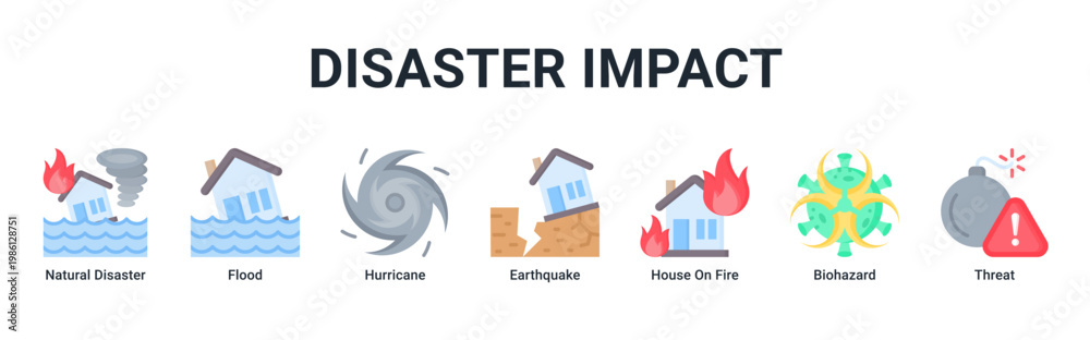 Disaster Impact web banner icon vector illustration with icons of ...