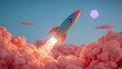© Milaballe - Colorful rocket launches through pink clouds at sunrise with vibrant sky and glowing sun in dreamlike atmosphere