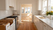 © forenna - Worn kitchen stripped to bare studs on left, gleaming quartz counters and subway tile on right, single wall split down center, morning light, before and after house flip reveal, real estate investor
