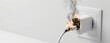 © W.O.W - Electric charger catching fire in power socket. Smoldering electrical adapter starting home blaze. Dangerous faulty electronic equipment malfunction. Safety hazard and fire prevention concept.