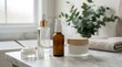 © Rakibuzzaman - Cosmetic products arranged on a bathroom counter with plants self care skincare cosmetics moisturizer bathroom countertop wellness hydration pampering container dispenser treatment