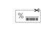 © Choyan - Minimalist black line vector illustration of a rectangular discount coupon featuring a dashed cutting line with scissors, a percent symbol, and a barcode for retail sales and online promotions.
