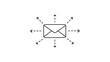© Choyan - Minimalist black line vector icon illustration of an envelope with dashed arrows pointing outwards, representing email marketing campaigns, mass mailing, newsletter distribution, and outreach.