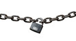© turtur - A weathered and heavily rusted iron chain hangs horizontally across a stark white background while a secure dark metallic padlock anchors the center link.