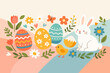 © Muhammad - Happy Easter Horizontal Banner with Cute White Rabbit, Little Yellow Chick, Colorful Decorated Eggs, and Blooming Spring Flowers. Vector Illustration for Greeting Cards, Headers, and Posters.