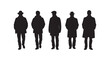© Md - Silhouettes of five men in trench coats and hats standing in a row against a white background.