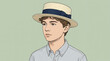 © SvGreen - Adolescent boy wearing boater hat with neutral expression on green background