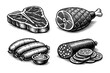 © Sanjit - Vintage Woodcut Style Collection of Assorted Meat Products Featuring T-Bone Steak, Smoked Ham Leg, Grilled Sausages with Sauce, and Sliced Salami, Hand-Drawn Engraving Vector Illustration Set