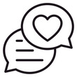 © Ahsan - Minimalist black line art vector icon of two overlapping speech bubbles, one containing text lines and the other a heart symbol, representing love, positive feedback, and social media messaging.