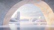 © Megin Design - 白い岩山と水面を望む巨大な建築のアーチ。ミニマリズムに基づいた抽象的な景観。静寂と未来を感じさせる屋外空間