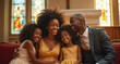 © Viktor - Black family sits together in church pew, smiling warmly. Parents hug daughters, faith and love are evident. Sunlit interior features stained glass windows, creating a peaceful, spiritual atmosphere.