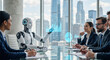 © scaliger - Humanoid AI robot presenting financial data to business team. Artificial intelligence analyzing charts on holographic interface in modern office. Future of work and collaboration concept