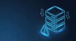 © Moon Guy - Glowing wireframe server stack with warning triangle and downward arrow, digital data alert.
