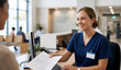 © Alingga - hospital receptionist wearing a hijab, offering friendly and warm service.